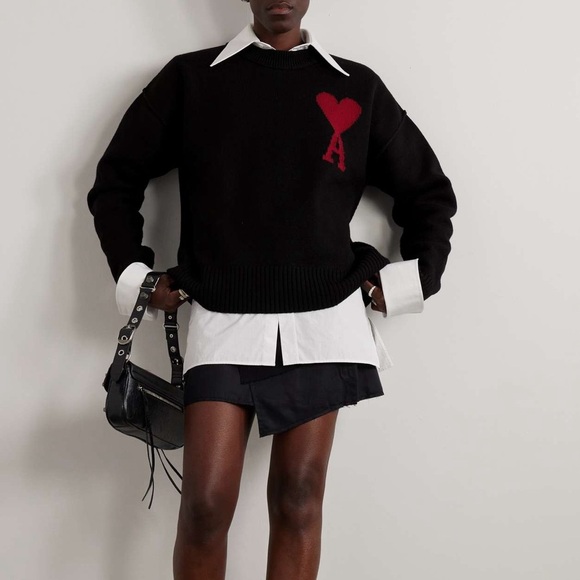 AMI PARIS A Heart Coeur Black Logo intarsia ADC Knitted wool Crewneck Medium - Picture 1 of 11